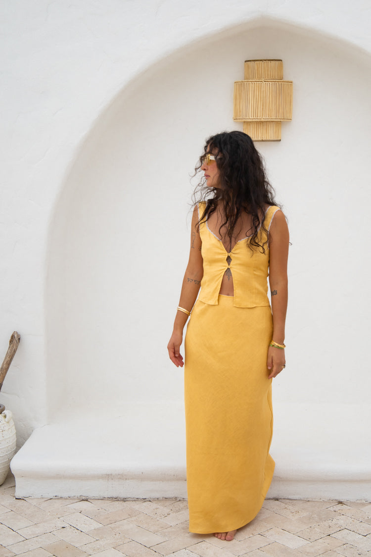 Italian Streets Linen Bias Cut Maxi Skirt Yellow – VRG GRL