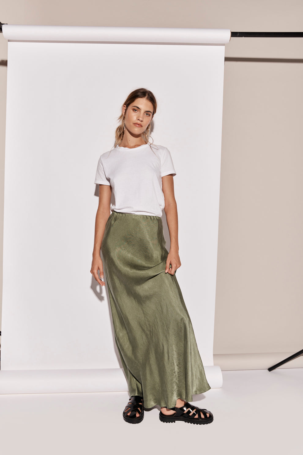 Ena Bias Cut Maxi Skirt Forest