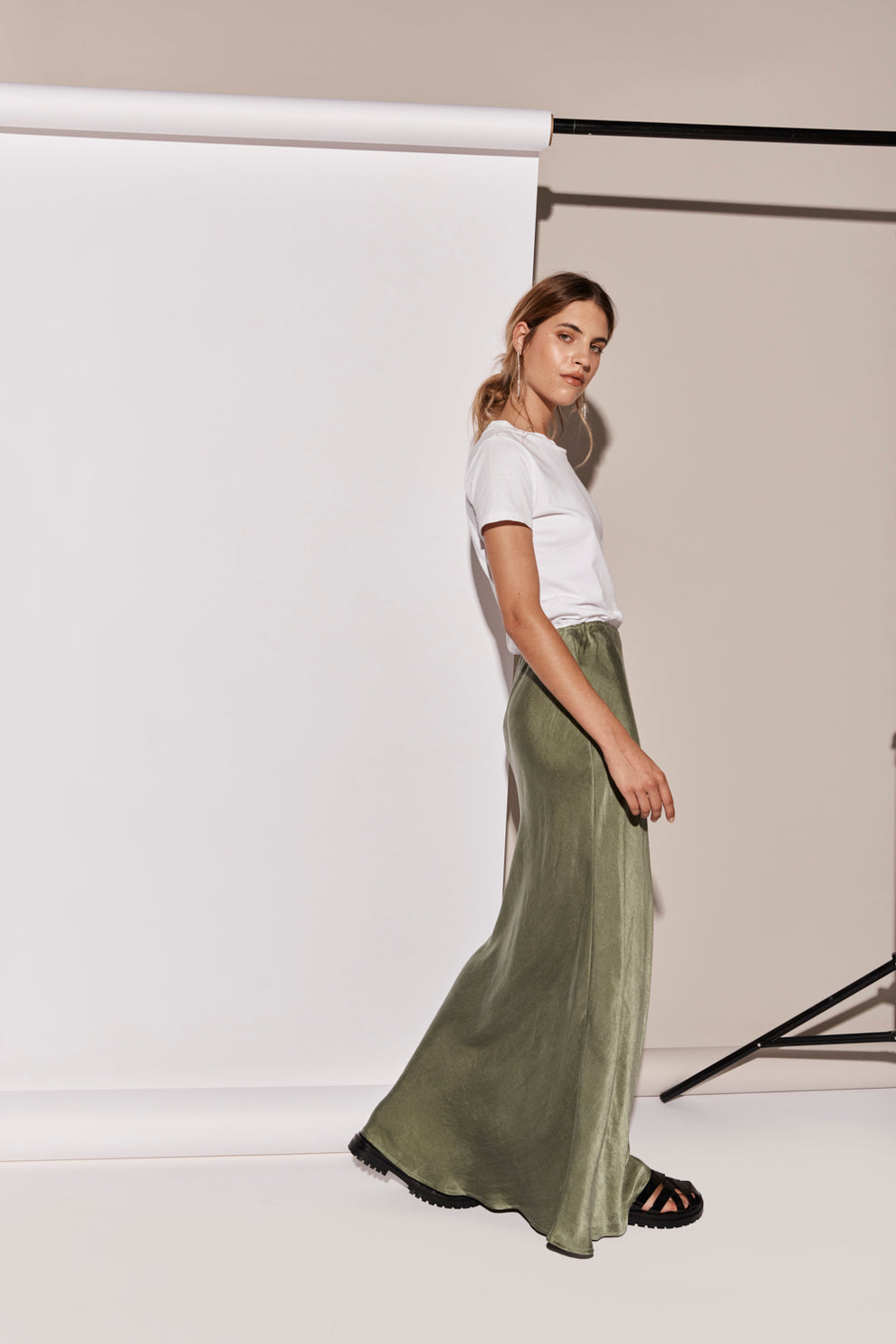 Ena Bias Cut Maxi Skirt Forest