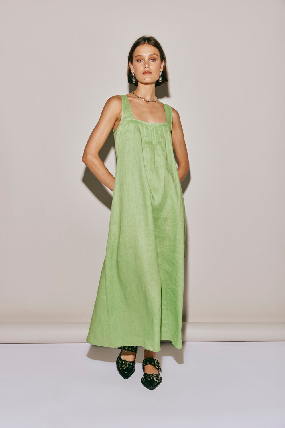 San Paolo Smock Linen Midi Dress Green