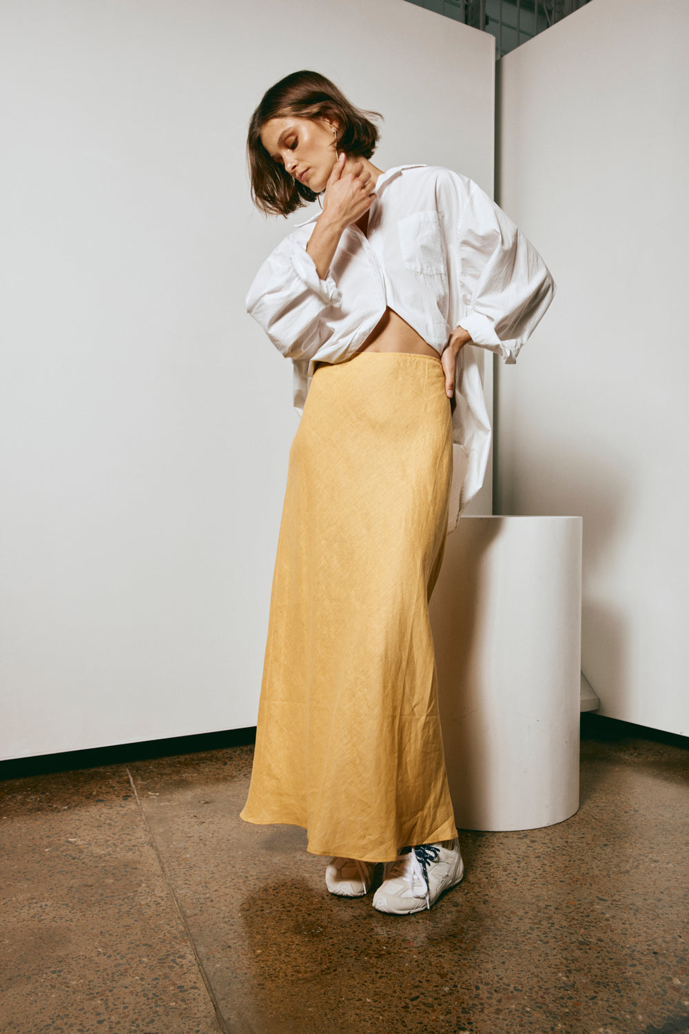 Italian Streets Linen Bias Cut Maxi Skirt Yellow VRG GRL