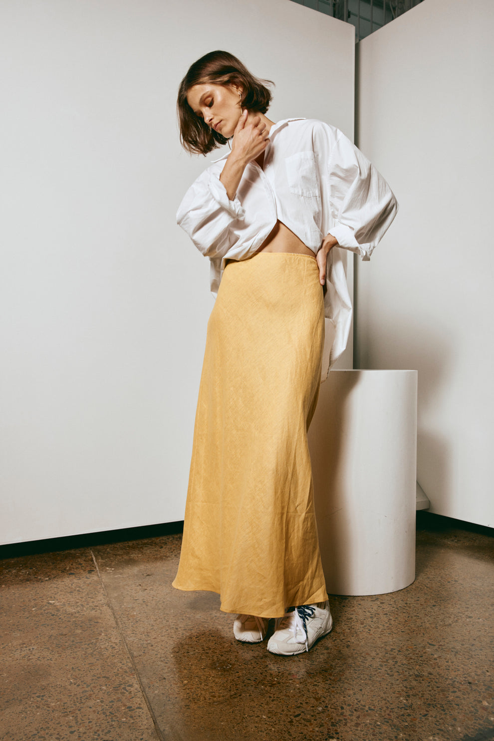 Italian Streets Linen Bias Cut Maxi Skirt Yellow