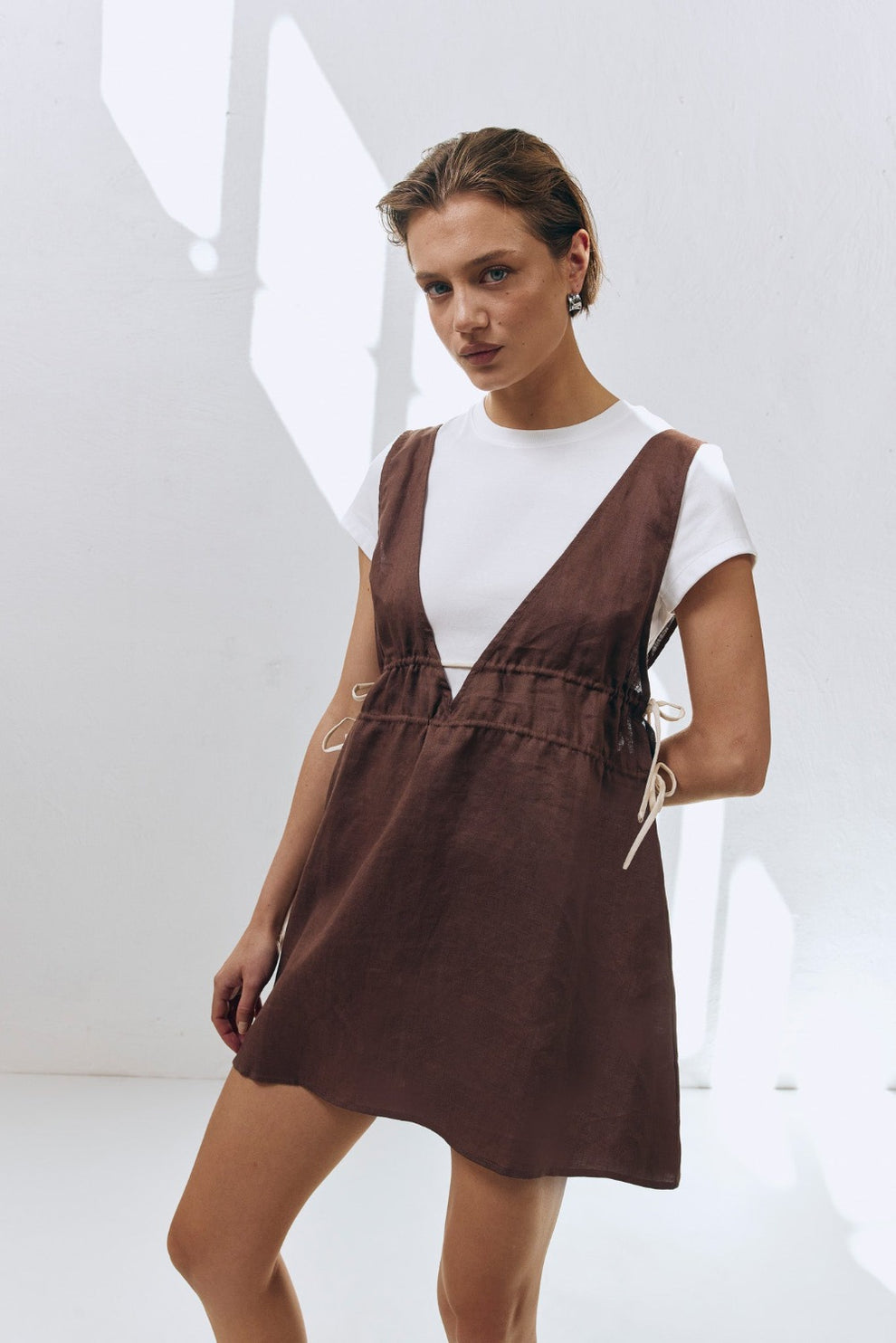 Paros Palms Linen Mini Dress Chocolate