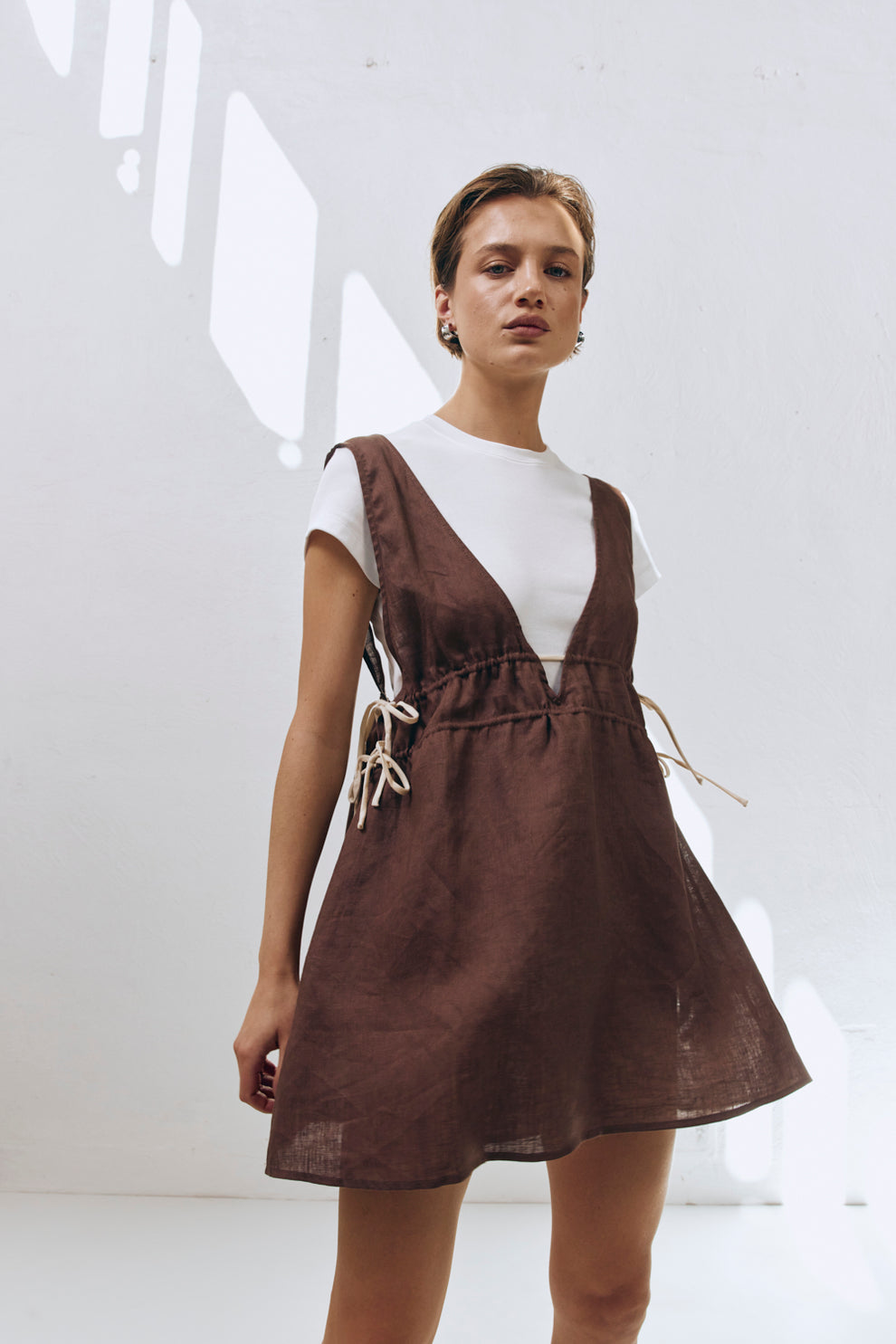 Paros Palms Linen Mini Dress Chocolate