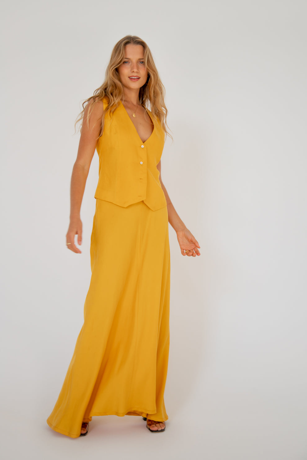 Carmine Bias Cut Maxi Skirt Mustard