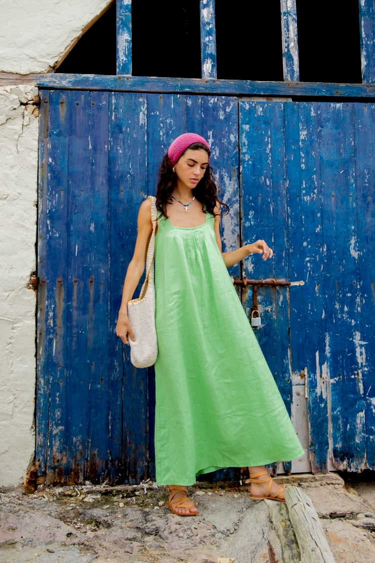 Green linen midi clearance dress