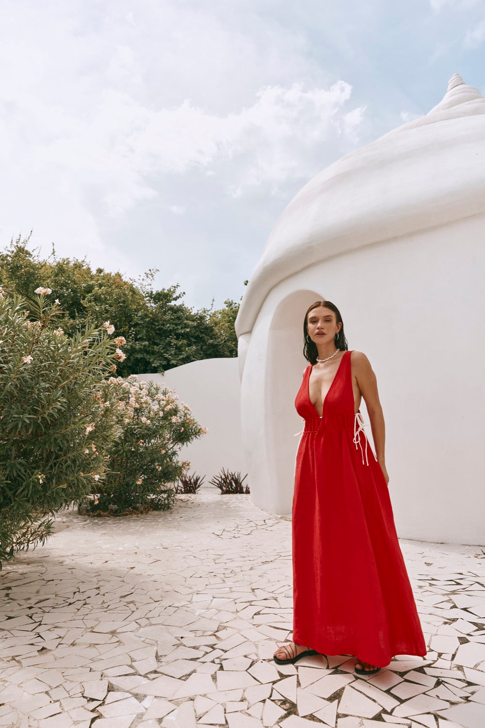 Paros Palms Linen Midi Dress Red VRG GRL