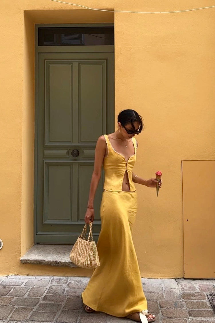 Italian Streets Linen Bias Cut Maxi Skirt Yellow